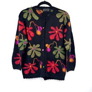 Vintage Vivanco Handcrafted Baby Alpaca Floral Cardigan Sweater With Multicolor
